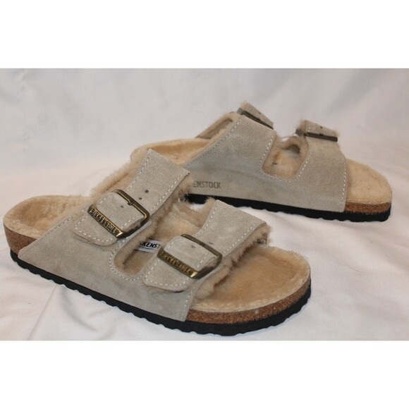 Birkenstock Women's EU 37 NARROW Arizona Shearling Lined Sandals Taupe NIB - Picture 2 of 7
